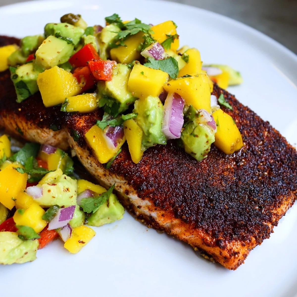 Blackened Salmon with Mango Avocado Salsa served over fluffy white rice with a lime wedge for a bright, zesty finish.