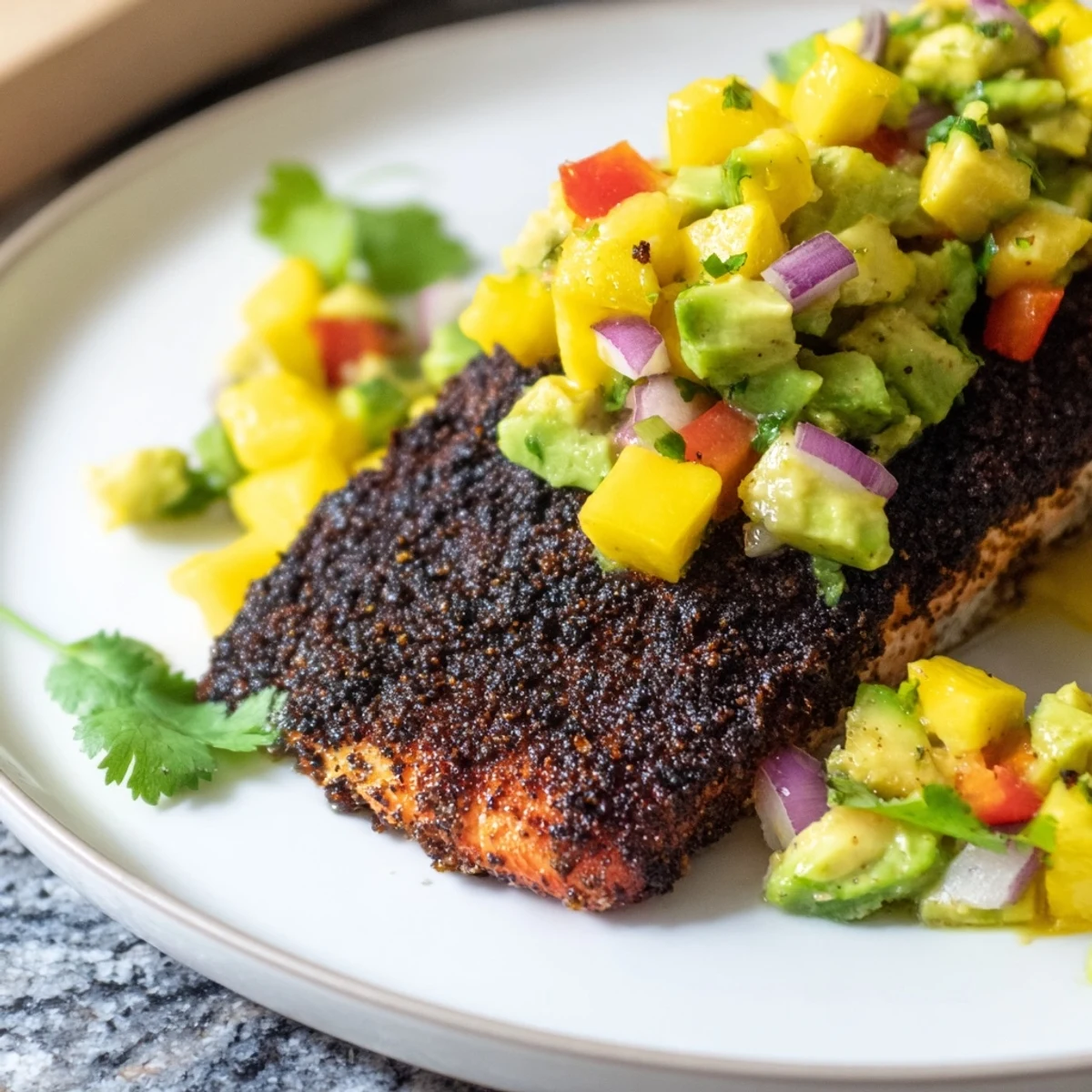 Close-up of Blackened Salmon with Mango Avocado Salsa showcasing the dark, spicy crust topped with vibrant mango and creamy avocado.