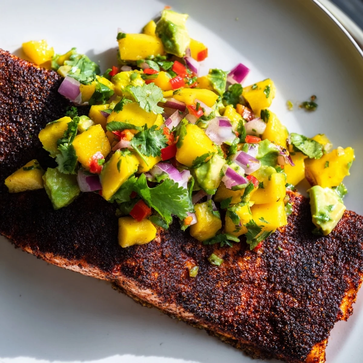 Blackened Salmon with Mango Avocado Salsa plated on a bed of fresh mixed greens, ready for a healthy weeknight dinner.
