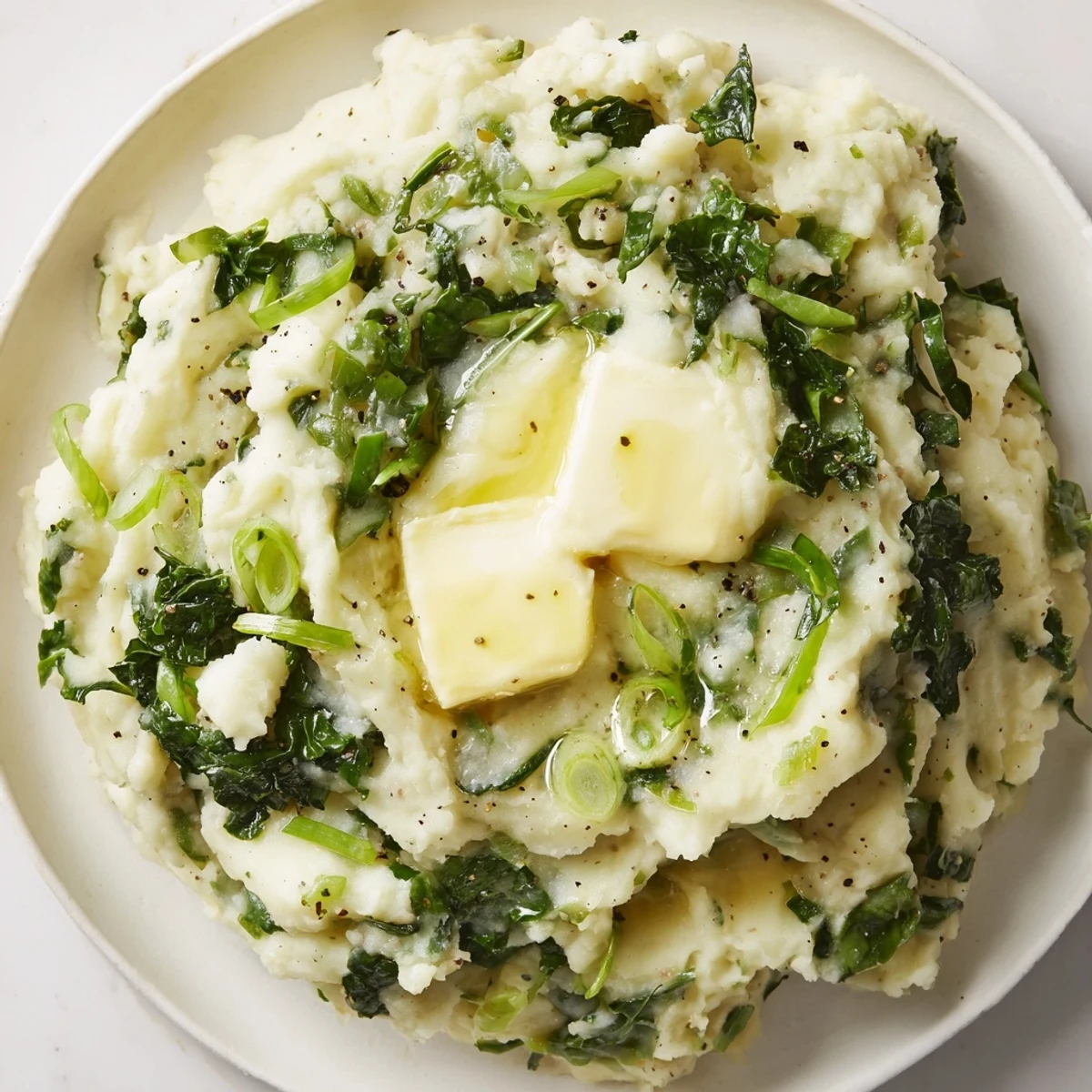 Creamy Irish Colcannon Mashed Potatoes with Kale served steaming hot with a melting butter pat