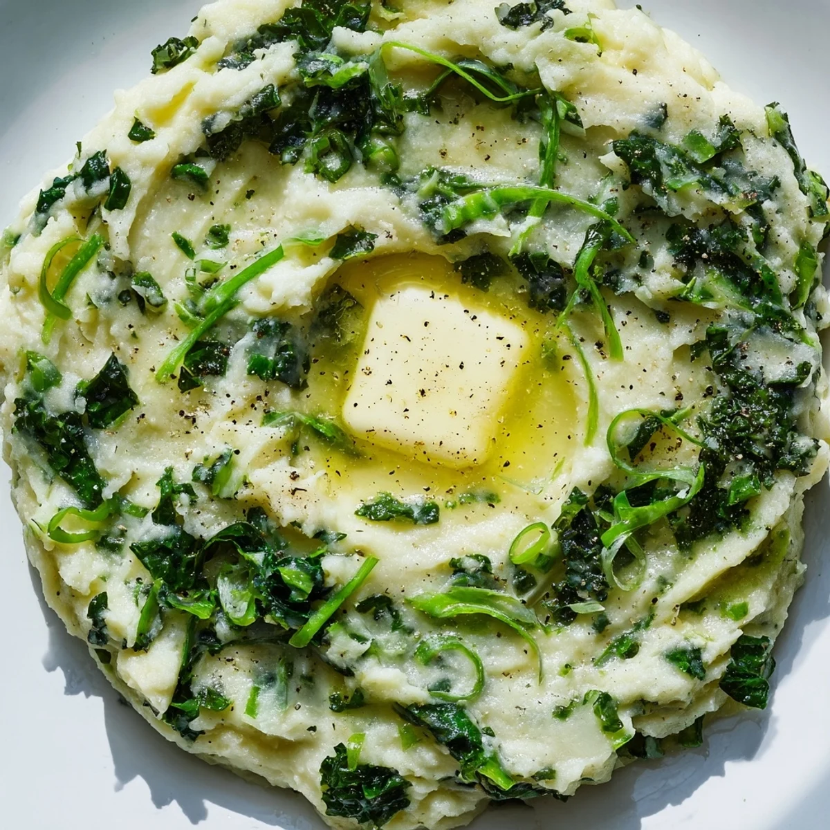 Sautéed kale and scallions folded into fluffy Irish Colcannon Mashed Potatoes, garnished for a St. Patrick's Day side dish