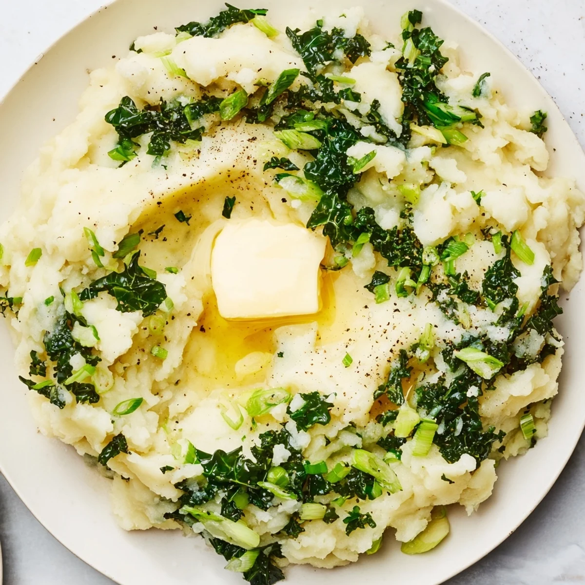 Rustic bowl of Irish Colcannon Mashed Potatoes with Kale, featuring tender greens and melted butter, ready to accompany roasted lamb