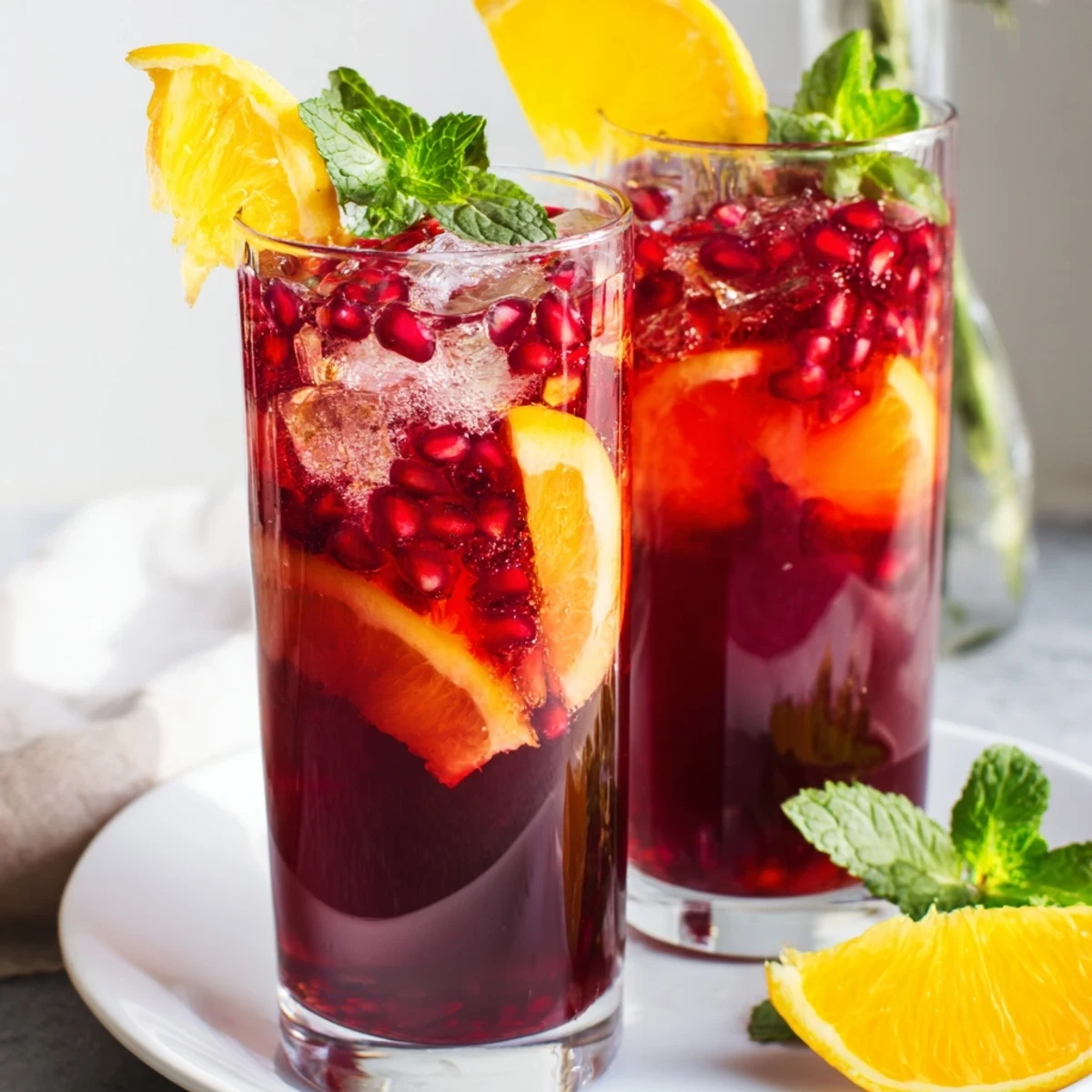 Two glasses of Love Potion Pomegranate Fizz Mocktail garnished with fresh orange slices and pomegranate seeds.
