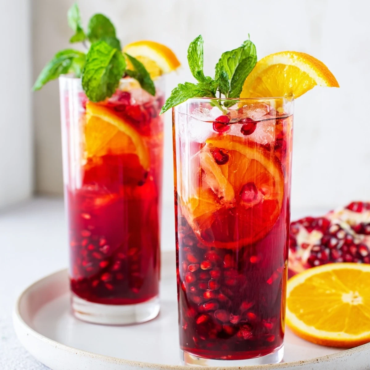Love Potion Pomegranate Fizz Mocktail served in a tall glass with ice cubes, vibrant red hue and sparkling bubbles.