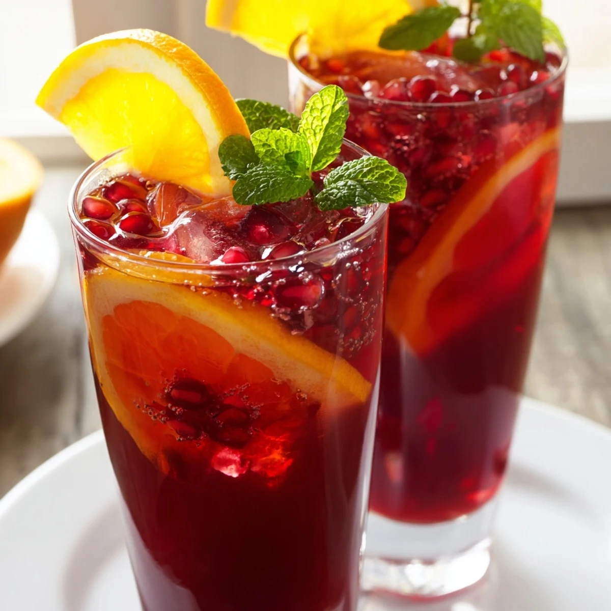 Love Potion Pomegranate Fizz Mocktail over crushed ice with mint leaves, ready for a romantic toast or party.