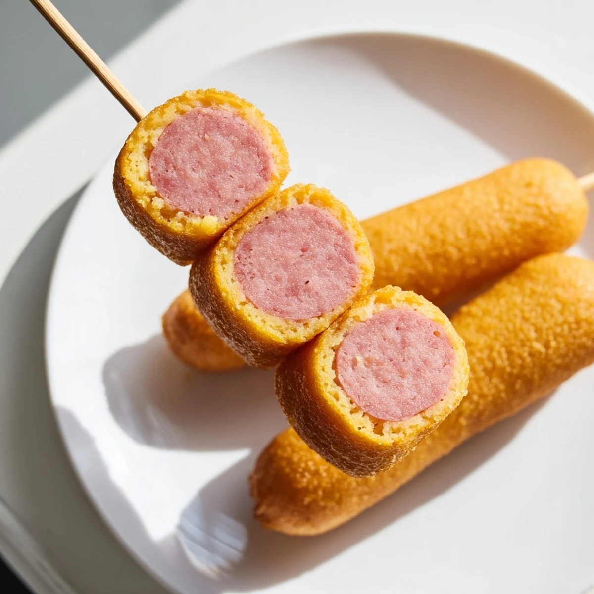 A batch of Mini Corn Dogs rests on a plate, showcasing their crunchy texture.