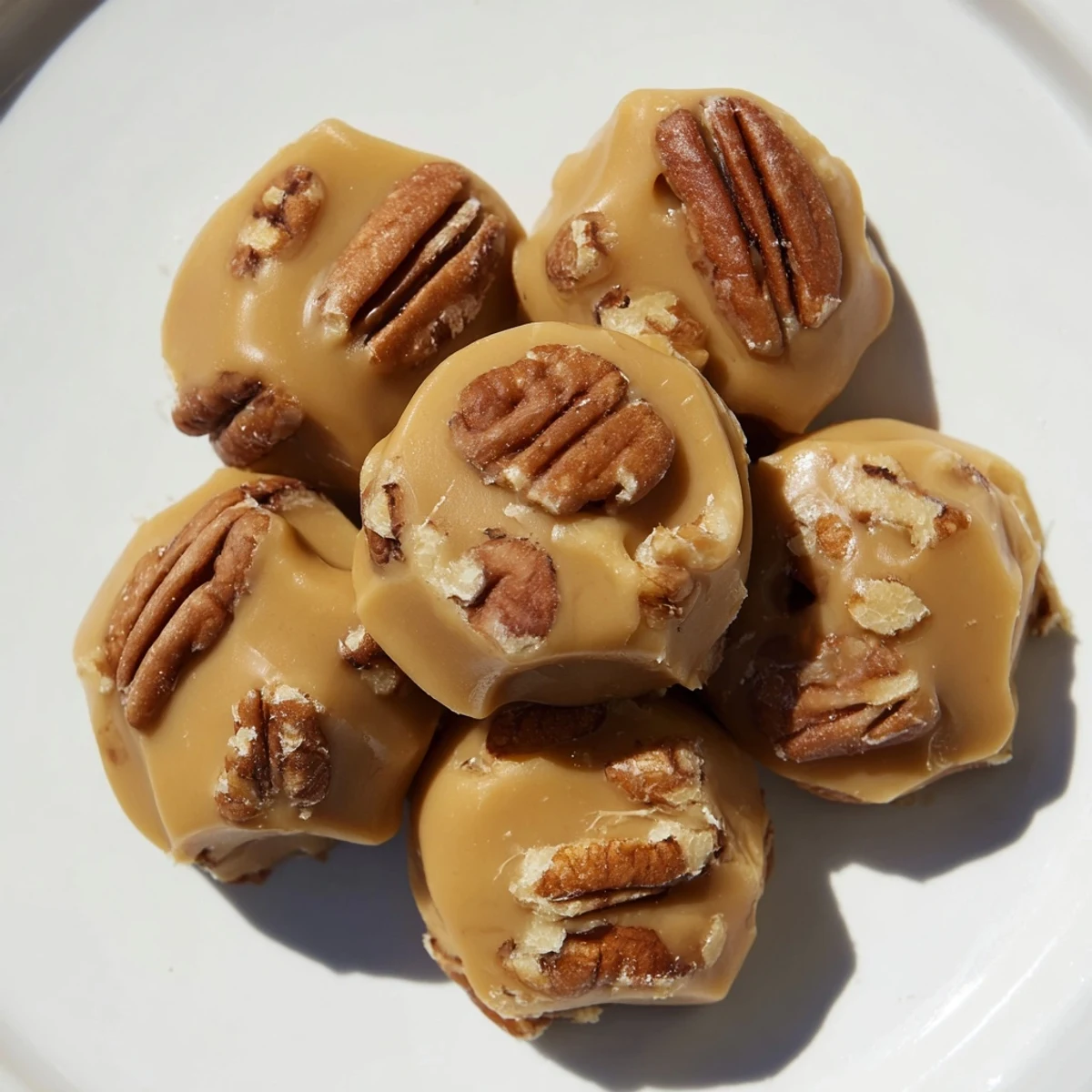 Stack of glossy Mardi Gras Pecan Pralines next to a steaming mug of dark coffee, ideal for a sweet Southern snack.