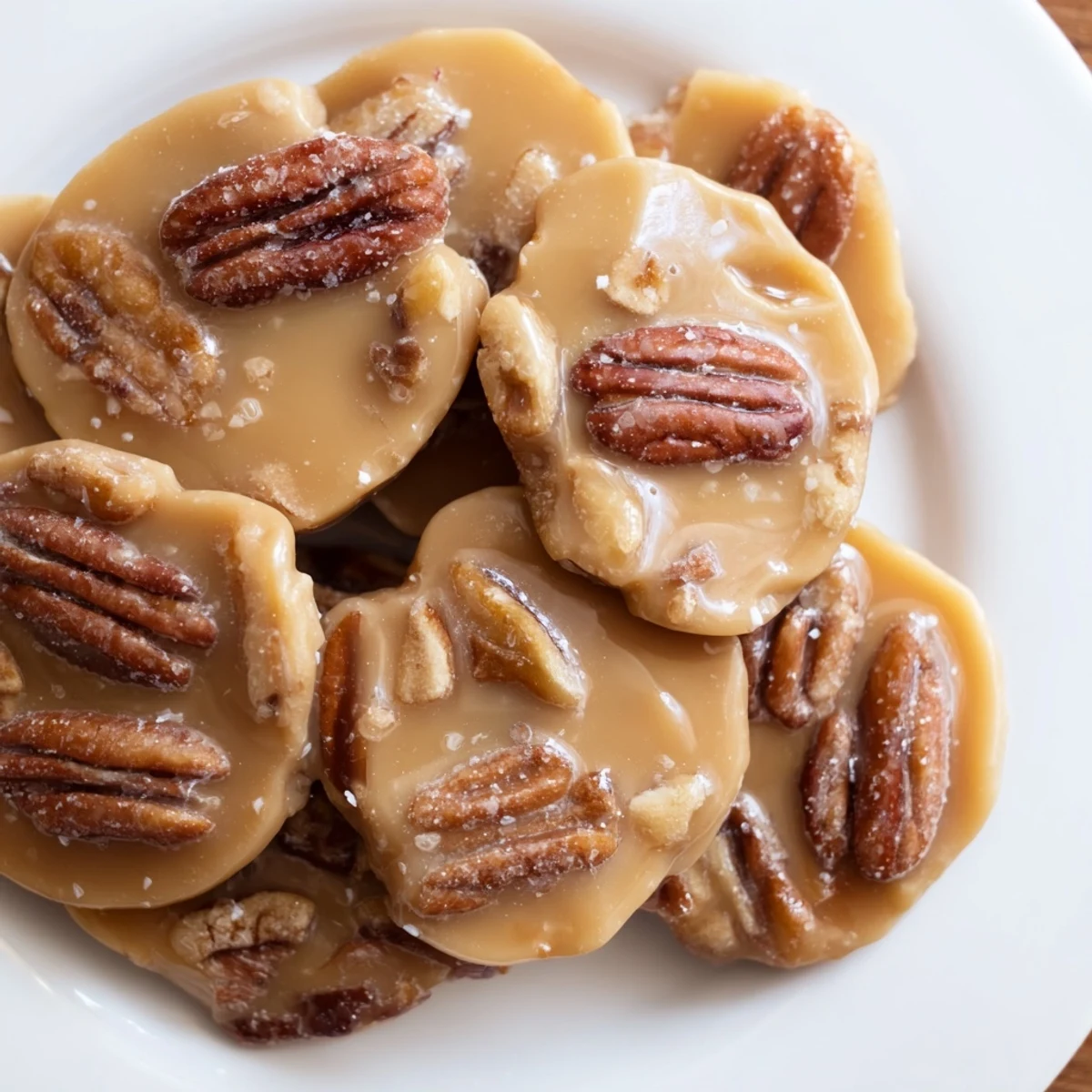 Golden brown Mardi Gras Pecan Pralines cooling on parchment paper, featuring toasted nuts and a creamy, sugary glaze.