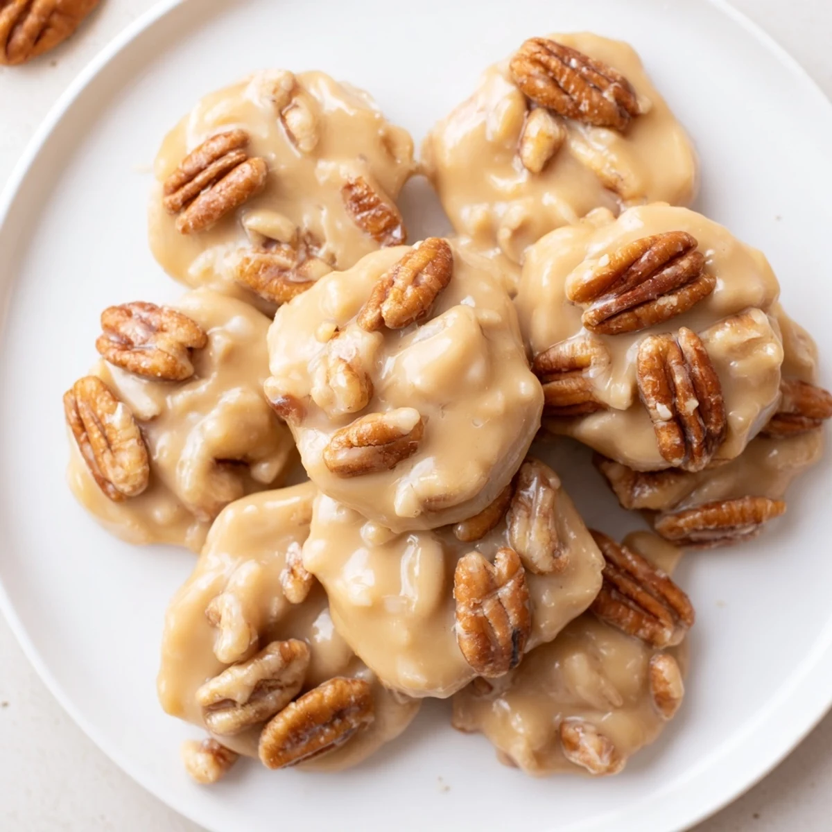 Freshly made Mardi Gras Pecan Pralines with visible vanilla bean specks and crunchy pecan halves on a rustic wood surface.
