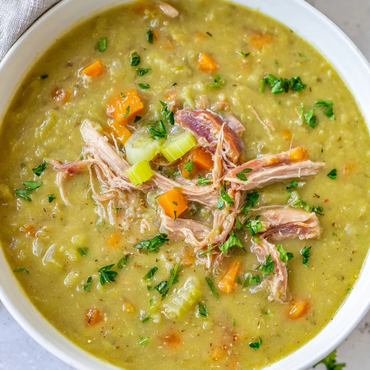 A bowl of green split pea soup with smoked turkey, featuring tender shredded meat and diced carrots on a rustic table.