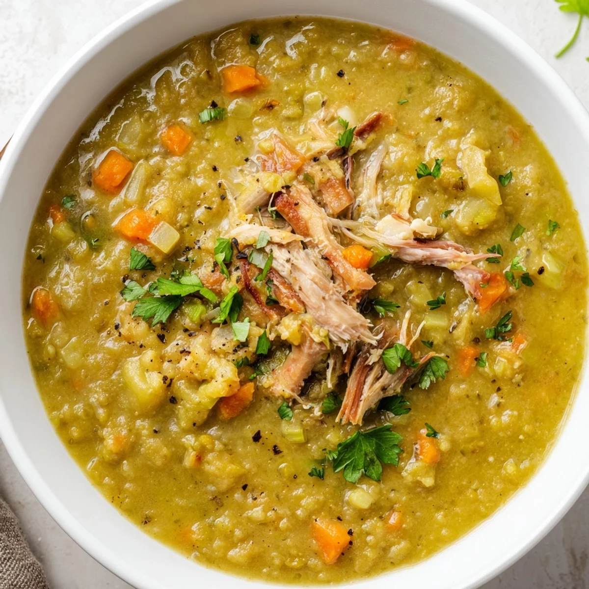 Thick green split pea soup with smoked turkey steaming in a white bowl, garnished with parsley for a cozy family dinner.