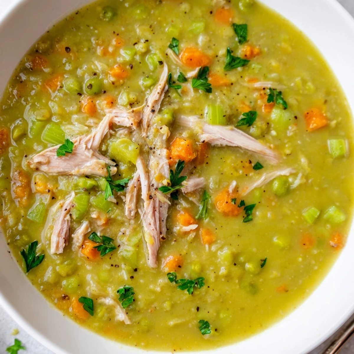 Green split pea soup with smoked turkey and vegetables served in a dark crock, showing hearty texture next to crusty bread.