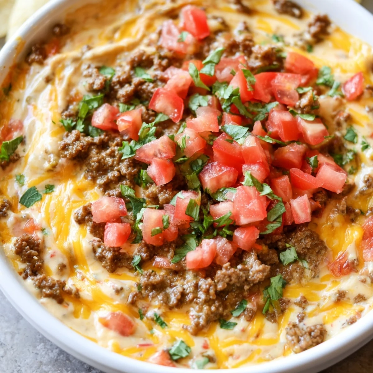Warm Beef Queso Dip with seasoned ground beef and melted cheese, served with crispy tortilla chips for dipping.