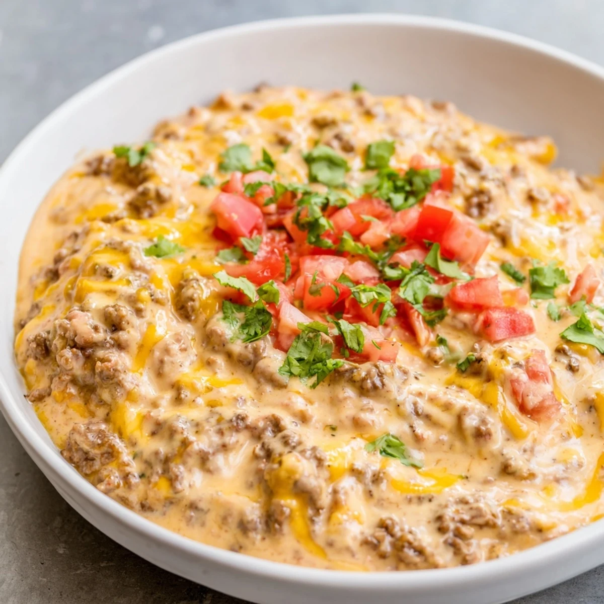 Creamy Beef Queso Dip topped with fresh cilantro and diced tomatoes, next to a pile of golden tortilla chips.