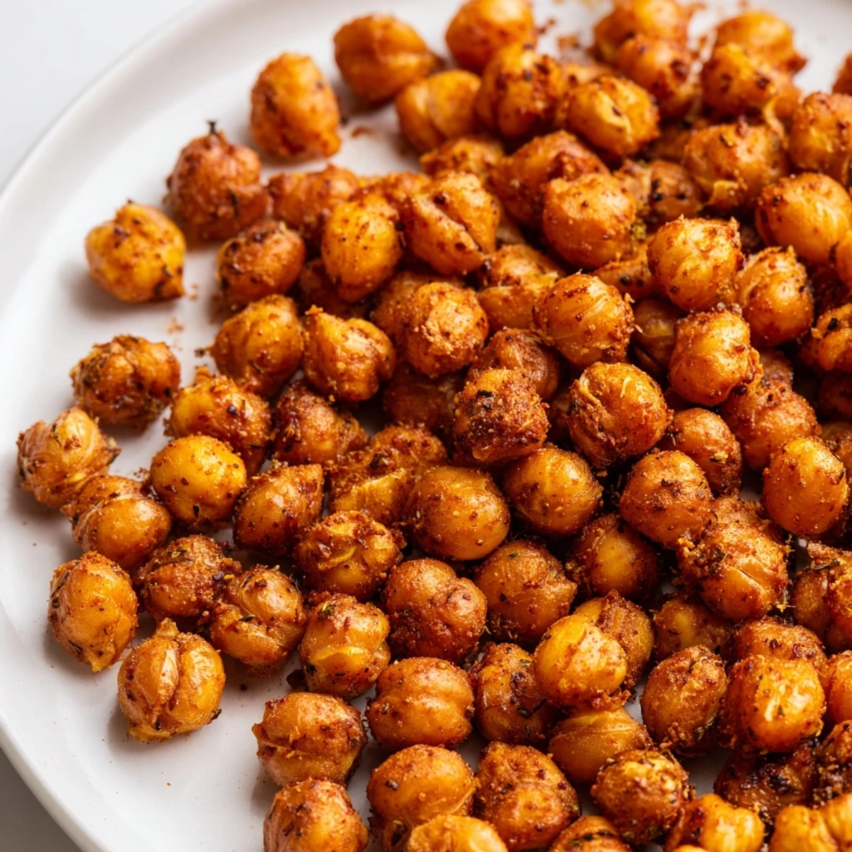 Close-up of Cajun Spiced Roasted Chickpeas showing a crispy texture, served in a small white bowl.