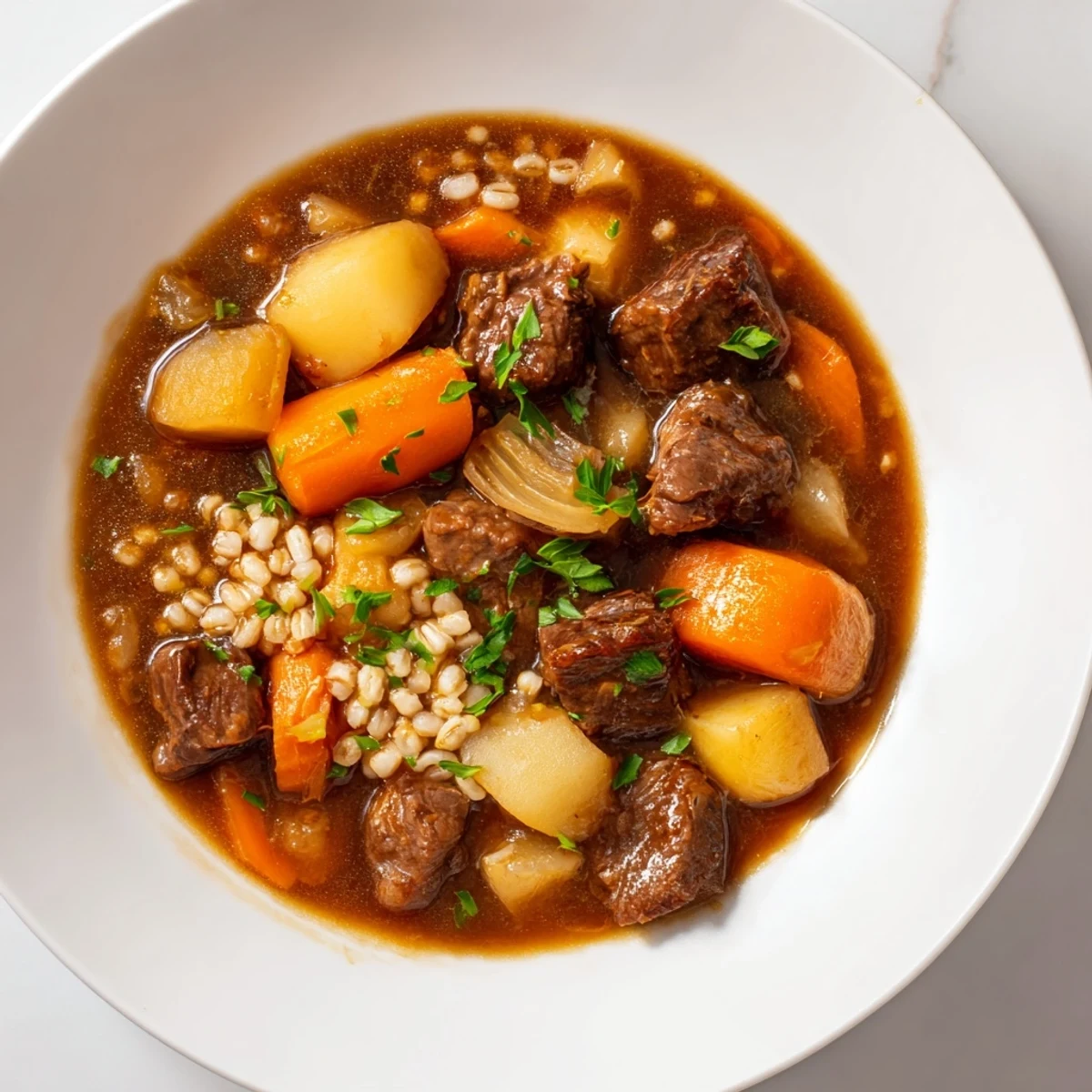 A warm bowl of Irish Stew with Beef and Barley features tender meat chunks, carrots, and potatoes in a thick, aromatic broth.