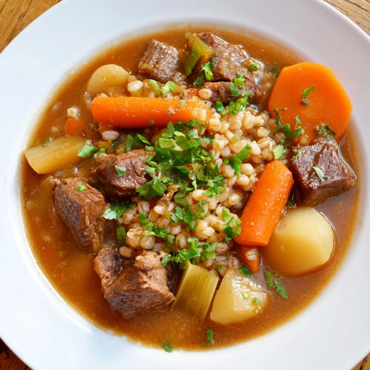 Hearty Irish Stew with Beef and Barley simmers in a Dutch oven, with steam rising from vegetables and barley in rich gravy.