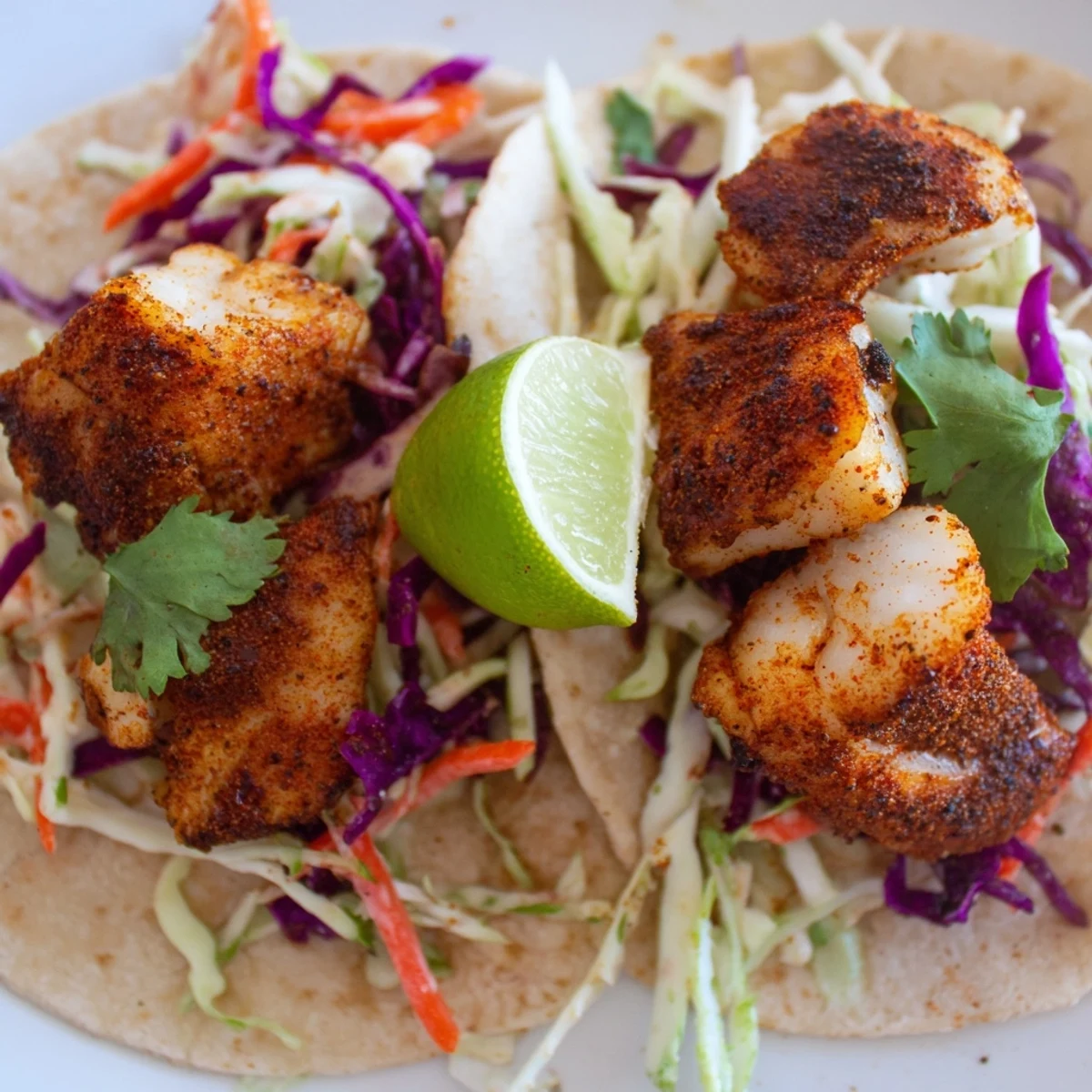 Blackened fish tacos with slaw are assembled on warm tortillas, garnished with fresh cilantro and lime wedges for a vibrant meal.