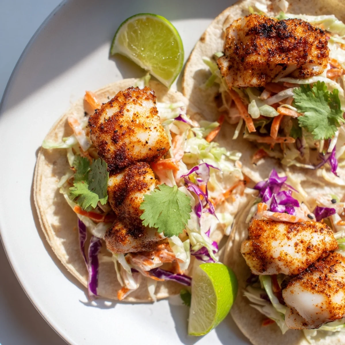 Golden blackened fish tacos topped with zesty cabbage slaw, ready to serve on a bright plate with extra lime for dipping.