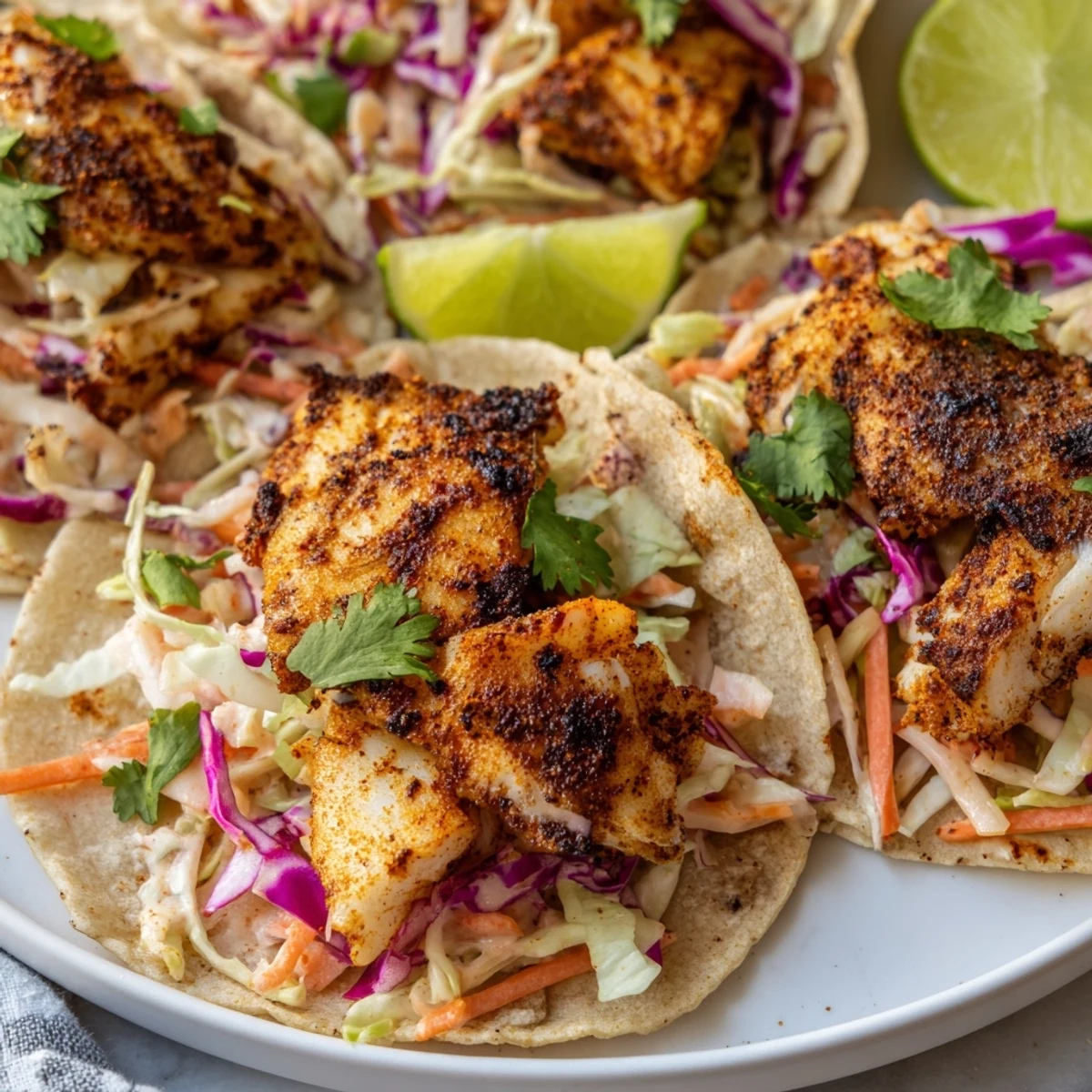 A close-up of flaky, spice-rubbed fish fillets nestled in corn tortillas with creamy, crunchy slaw and a squeeze of lime.