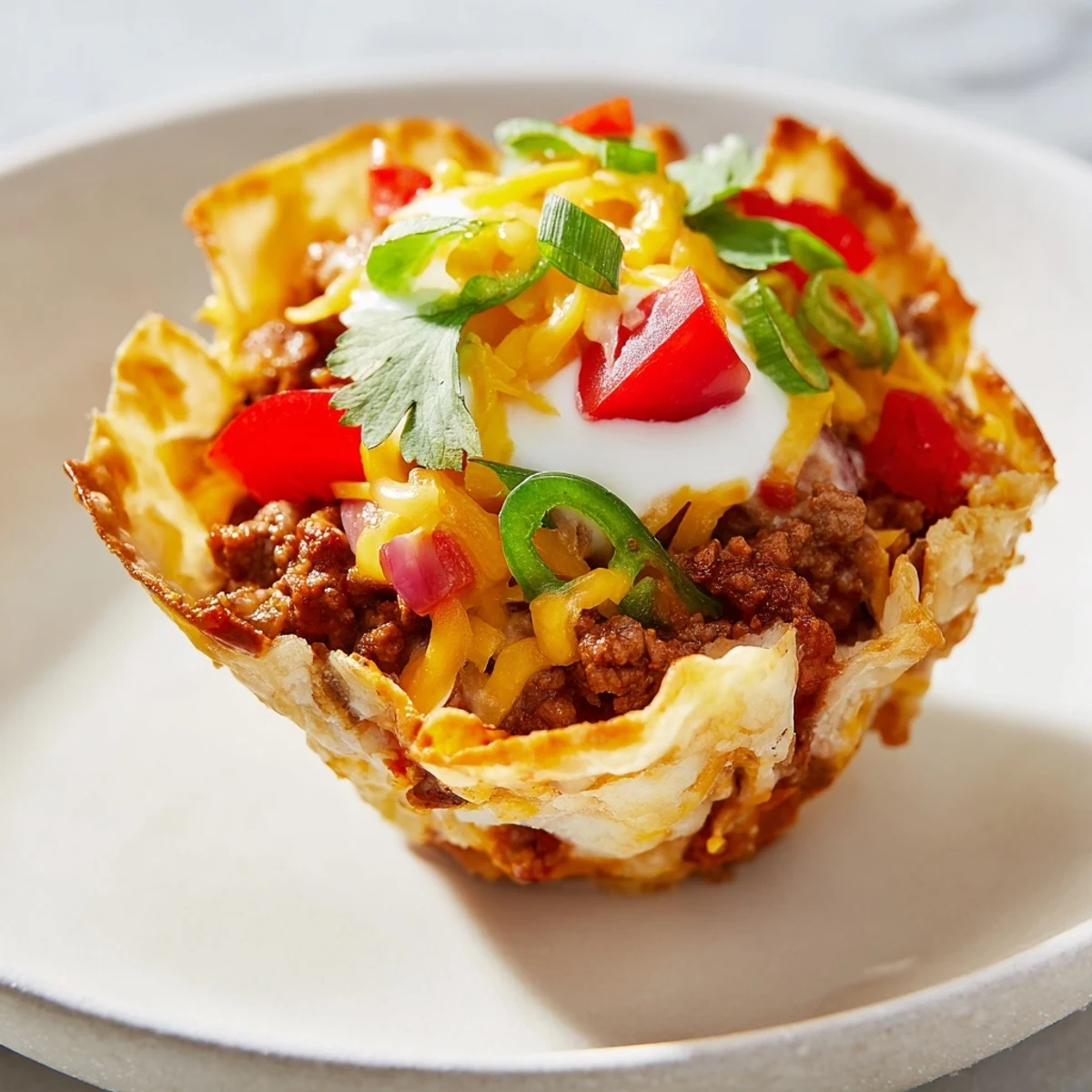 Golden-brown Taco Cups with Ground Beef and Cheese, fresh from the oven and topped with sour cream and cilantro.