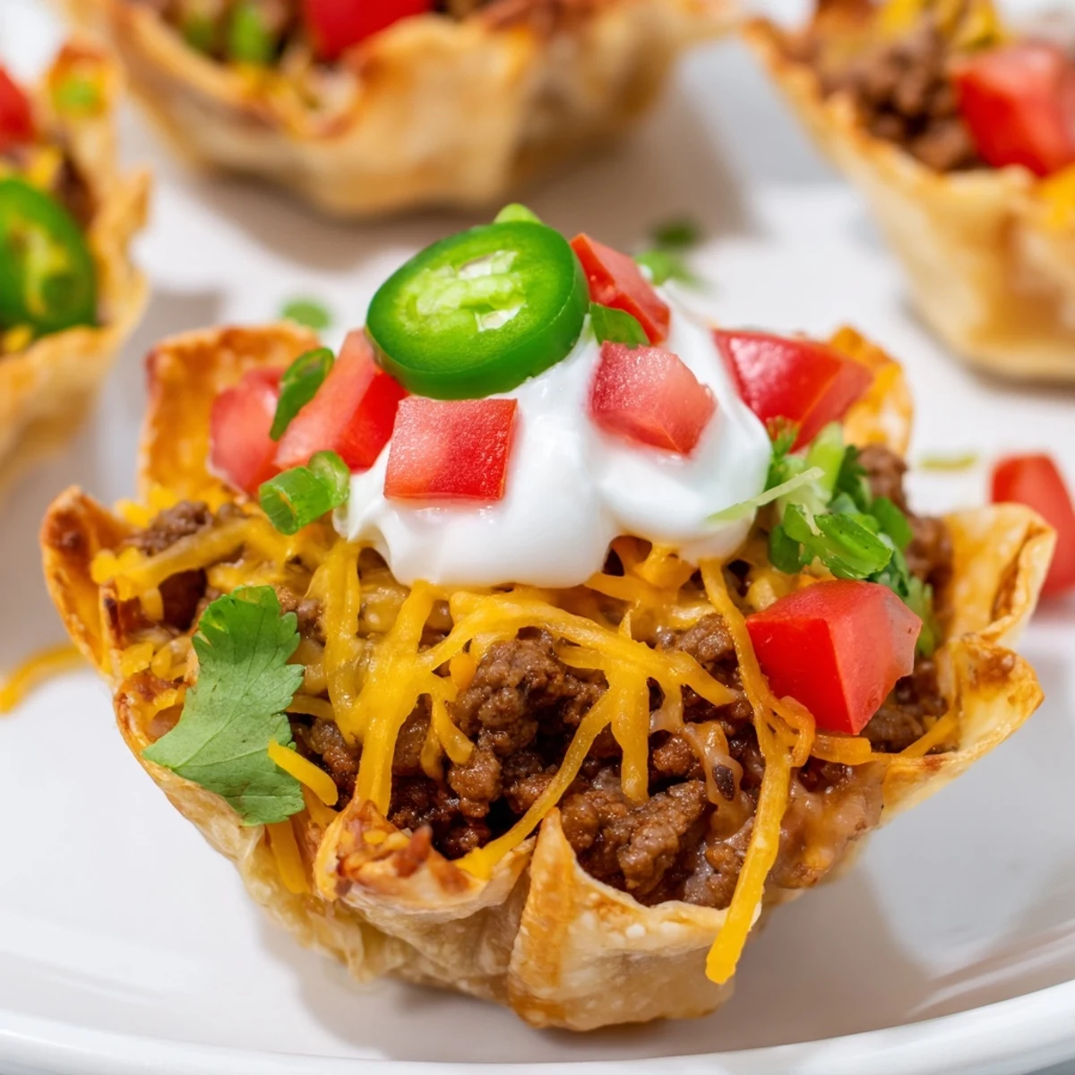 Appetizer platter of Taco Cups with Ground Beef and Cheese, ready to serve at a festive party.