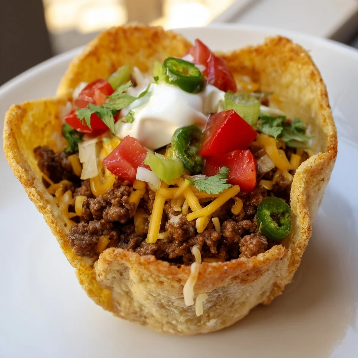 A close-up of Taco Cups with Ground Beef and Cheese, featuring melted cheddar and a spicy jalapeño slice.