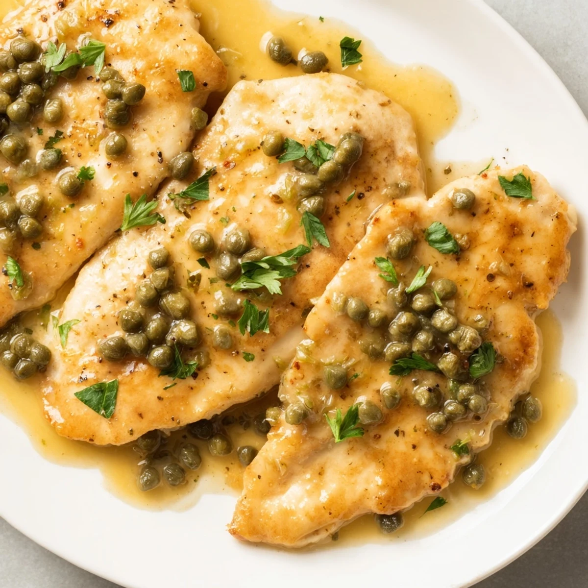 Tender chicken piccata with capers and lemon, garnished with parsley and served alongside pasta and sautéed greens.  