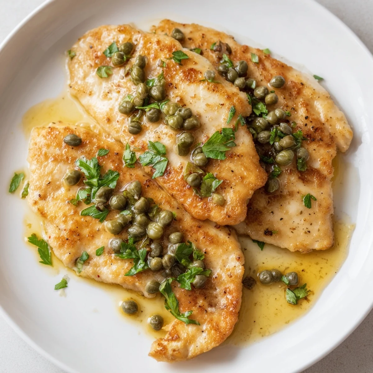 Golden-brown chicken piccata with capers and lemon rests on a white plate, drizzled with a bright, tangy sauce.  