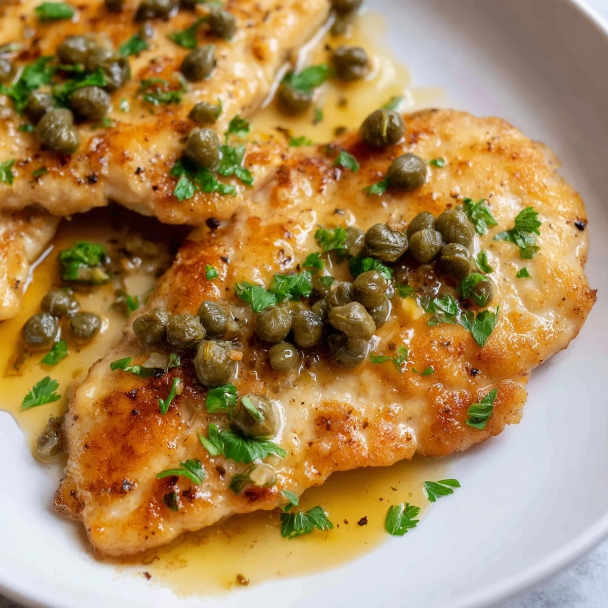 Sizzling chicken piccata with capers and lemon is finished in a glossy, lemony caper sauce, ready to serve.