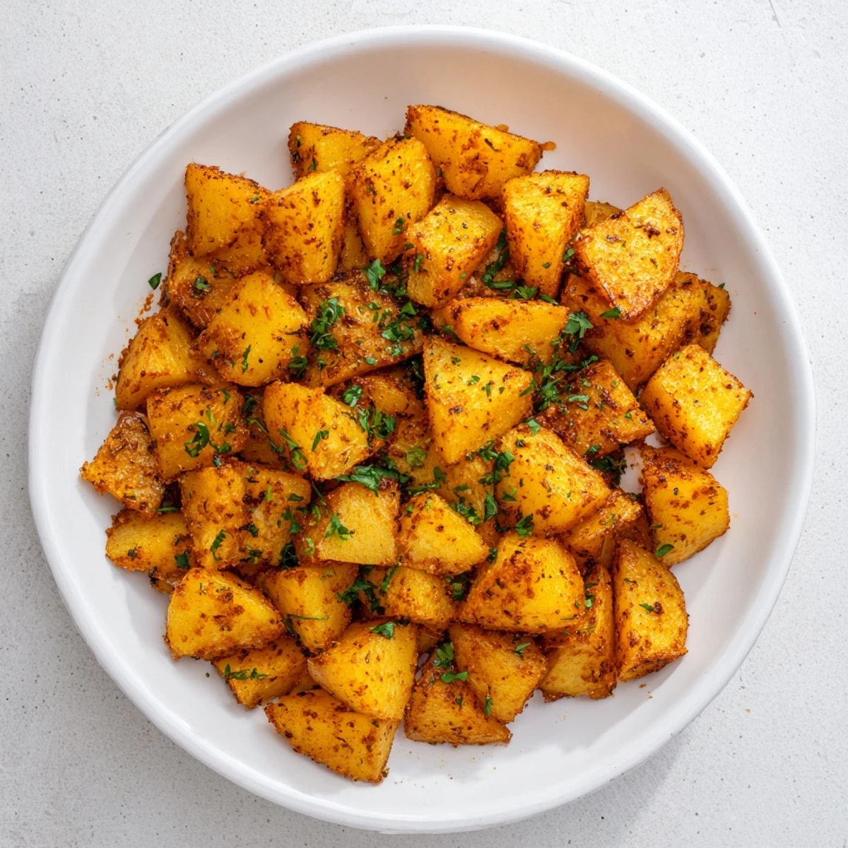 Golden brown Cajun Spiced Roasted Potatoes are arranged on a rustic wooden board, garnished with fresh parsley and lemon wedges.