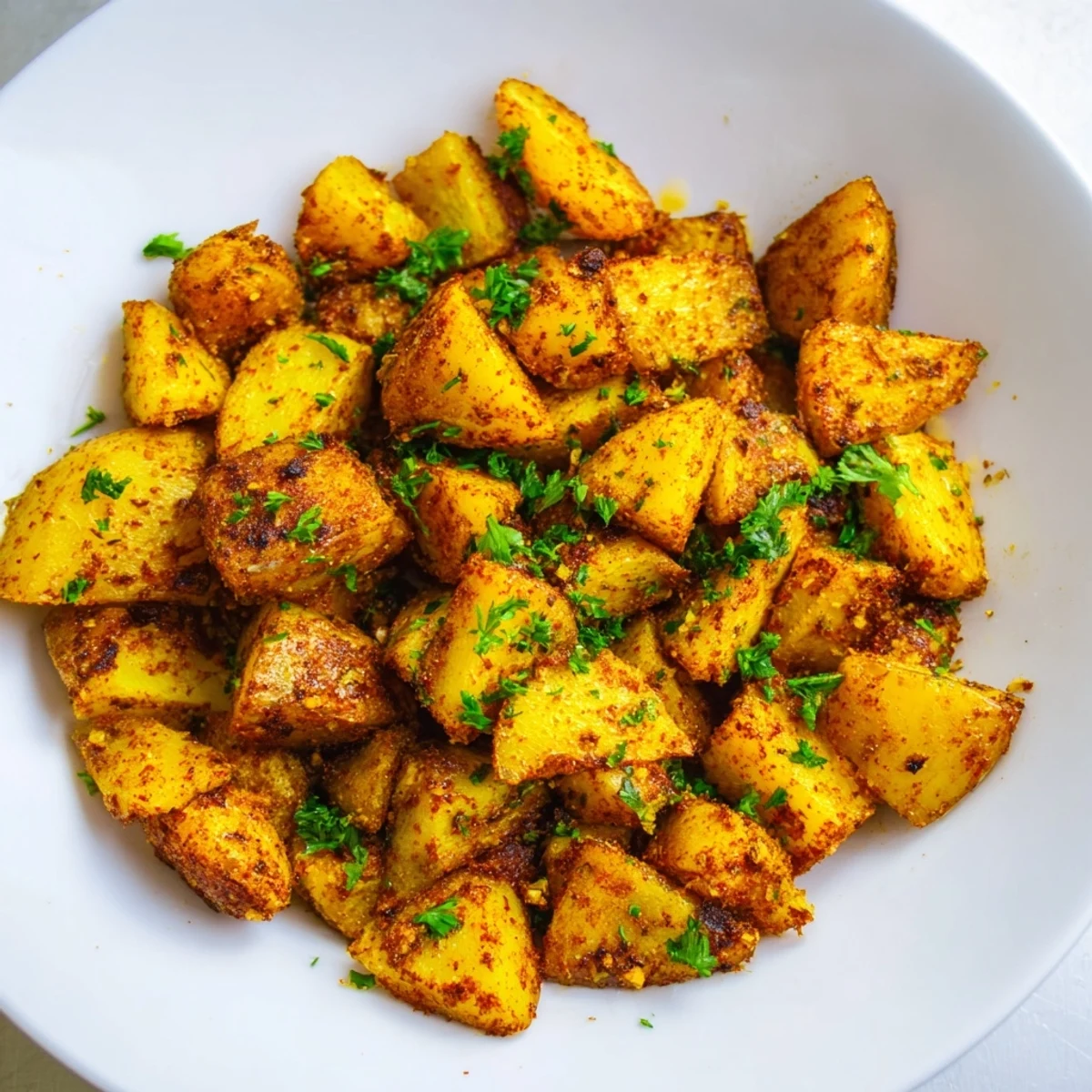 Close-up of crispy Cajun Spiced Roasted Potatoes, seasoned with smoked paprika and cayenne, served warm alongside a creamy dipping sauce.