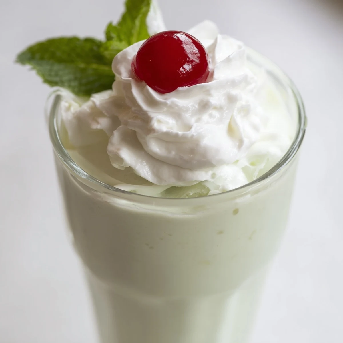A tall, frosty glass of Mint Milkshake with Maraschino Cherry garnished with whipped cream.