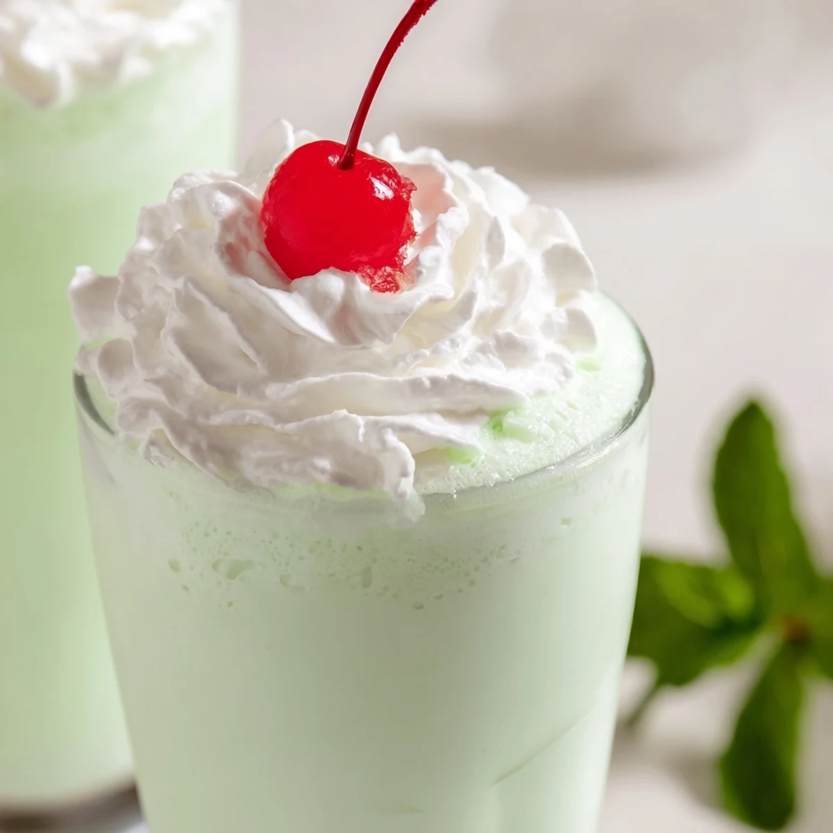 Creamy Mint Milkshake with Maraschino Cherry topped with whipped cream and a vibrant red cherry.
