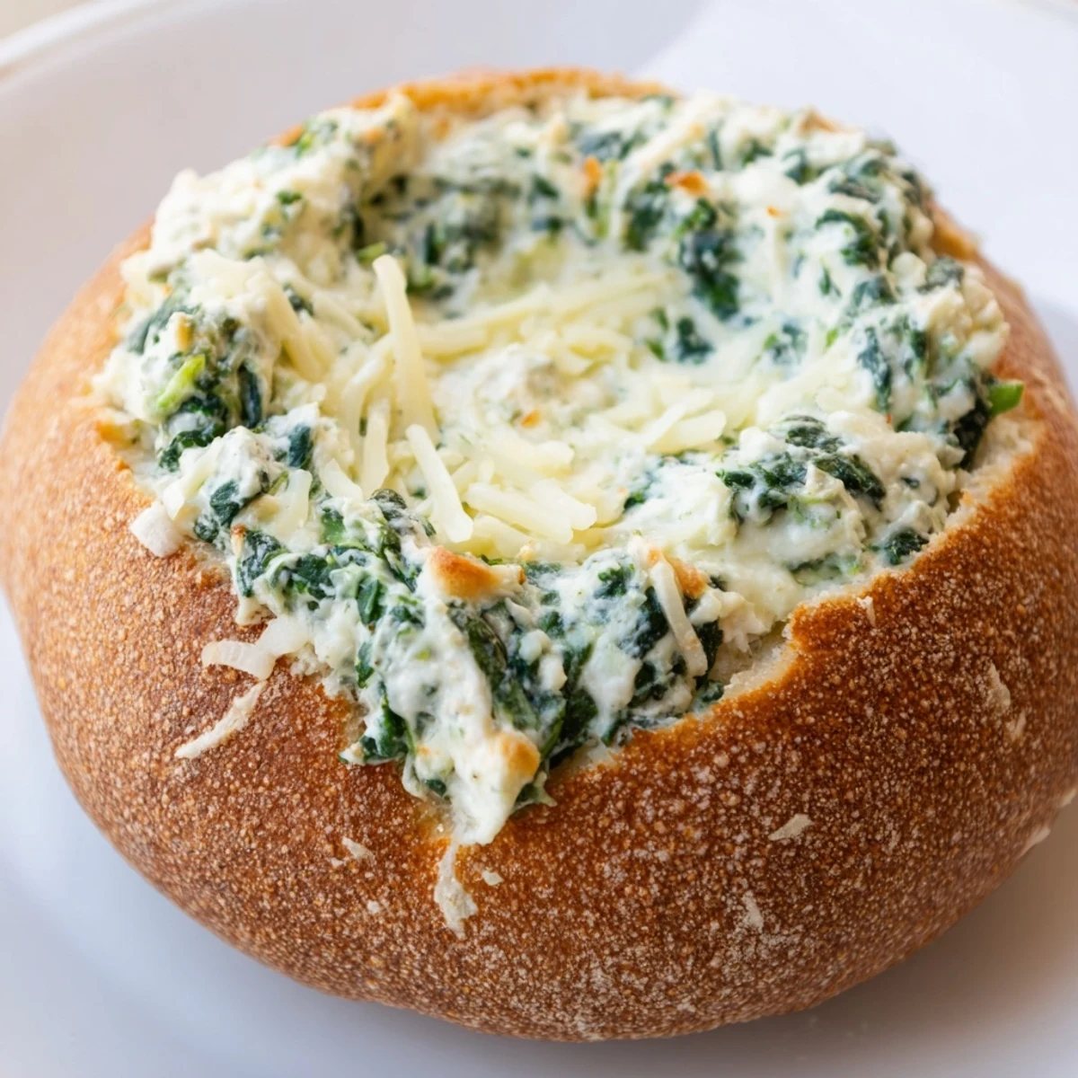 Warm spinach dip in a crusty sourdough bread bowl, baked until golden and bubbly.  