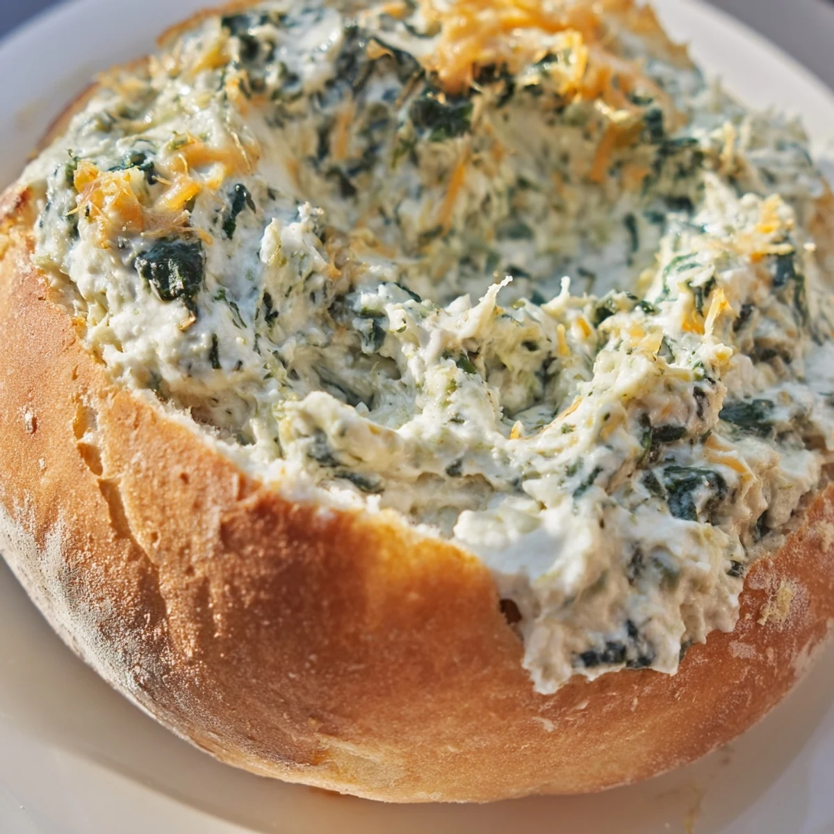 Spinach dip in sourdough bread bowl, served hot with carrots and peppers for dipping.