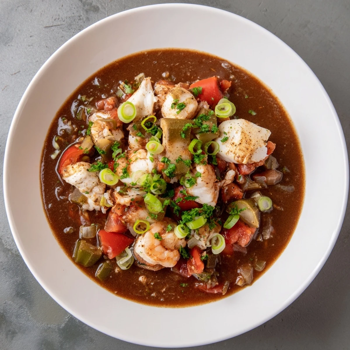 A steaming bowl of Seafood Gumbo with Okra and Tomatoes, featuring tender shrimp and crab alongside fresh okra slices, served over fluffy white rice.