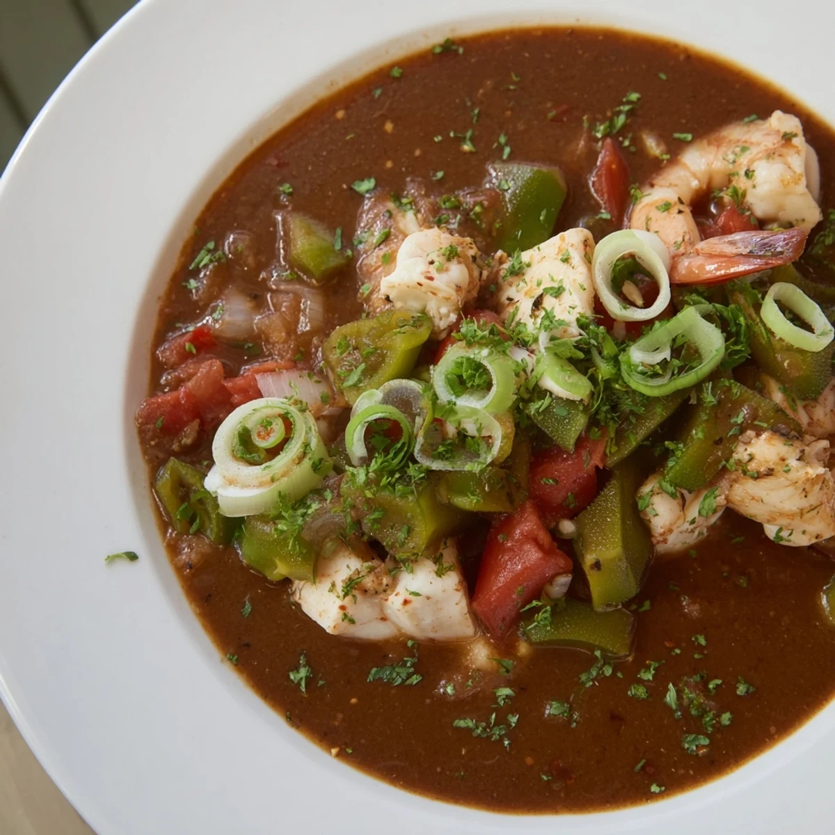 Hearty Creole Seafood Gumbo with Okra and Tomatoes simmering in a rich, dark roux broth, garnished with fresh parsley and green onions.