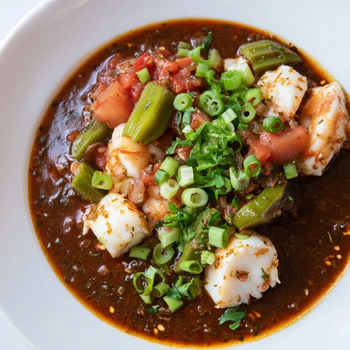 Colorful Seafood Gumbo with Okra and Tomatoes showcasing plump shrimp, flaky white fish, and diced tomatoes in a traditional Louisiana-style stew.