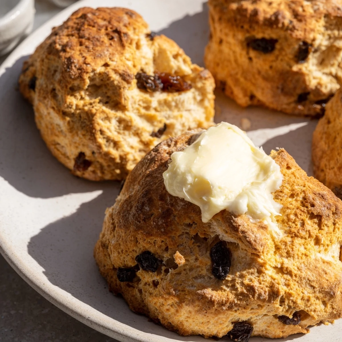 Freshly baked Irish Soda Bread Scones with a golden, rustic crust and soft, flaky interior, served warm with a generous pat of melting butter.