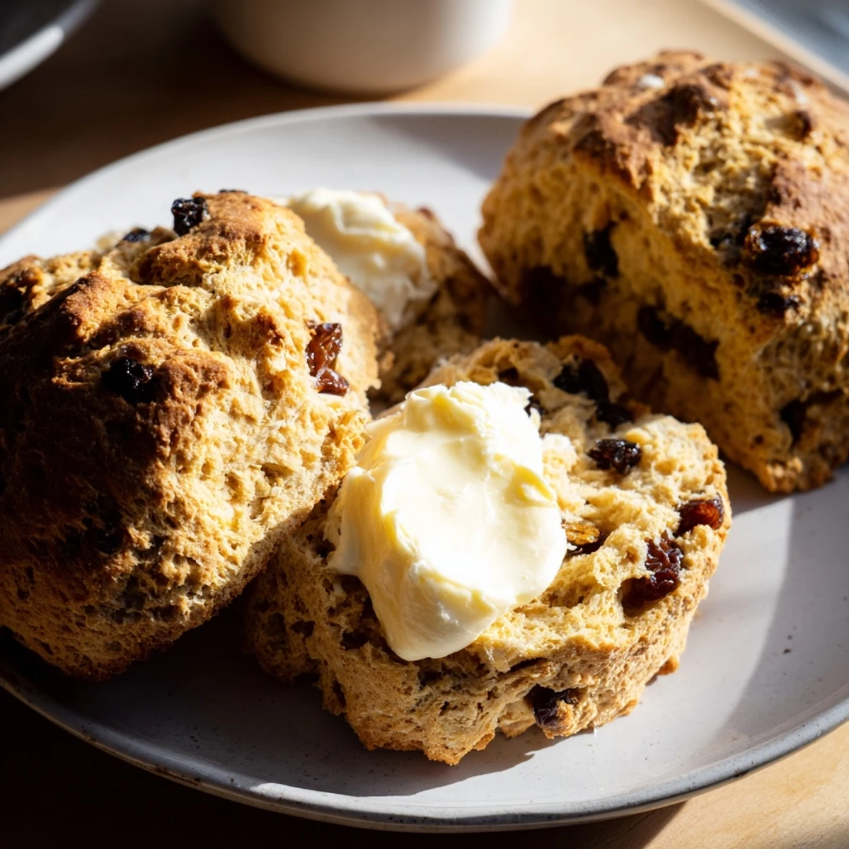 Rustic Irish Soda Bread Scones cooling on a wooden board, their tender crumb and buttery aroma inviting you to enjoy a warm breakfast treat.