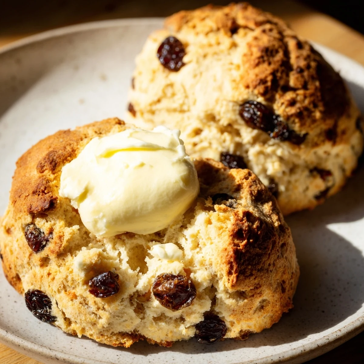 A close-up of flaky Irish Soda Bread Scones, topped with a dollop of creamy butter, highlighting the golden-brown, rustic crust and soft interior.