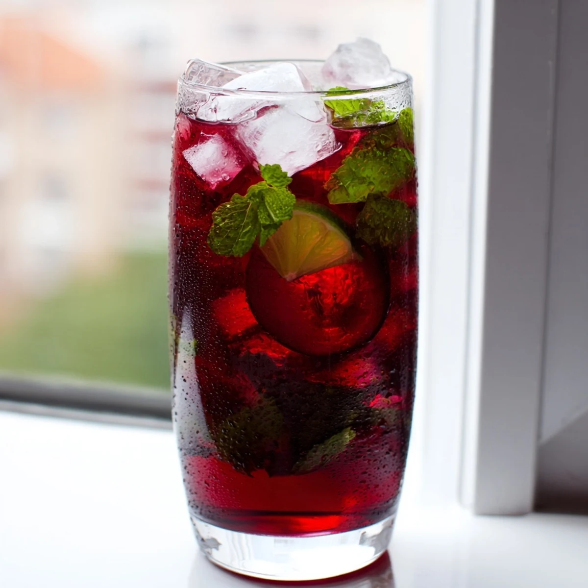 Hibiscus Iced Tea with Lime glows a deep ruby red in a tall glass, with crushed ice and a mint sprig garnish.  