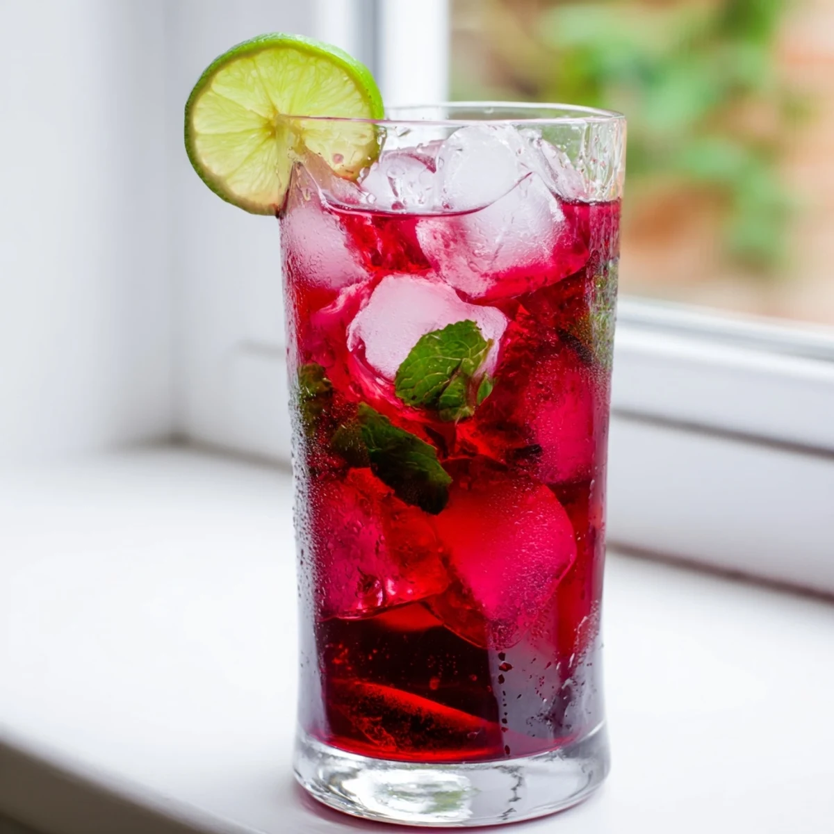 A refreshing pitcher of Hibiscus Iced Tea with Lime is ready to serve, garnished with fresh mint and lime slices.