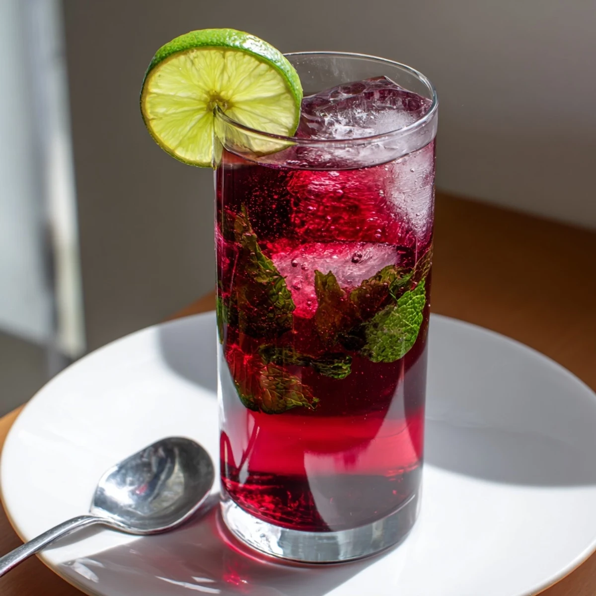Close-up of chilled Hibiscus Iced Tea in a mason jar, featuring a lime wheel perched on the rim.