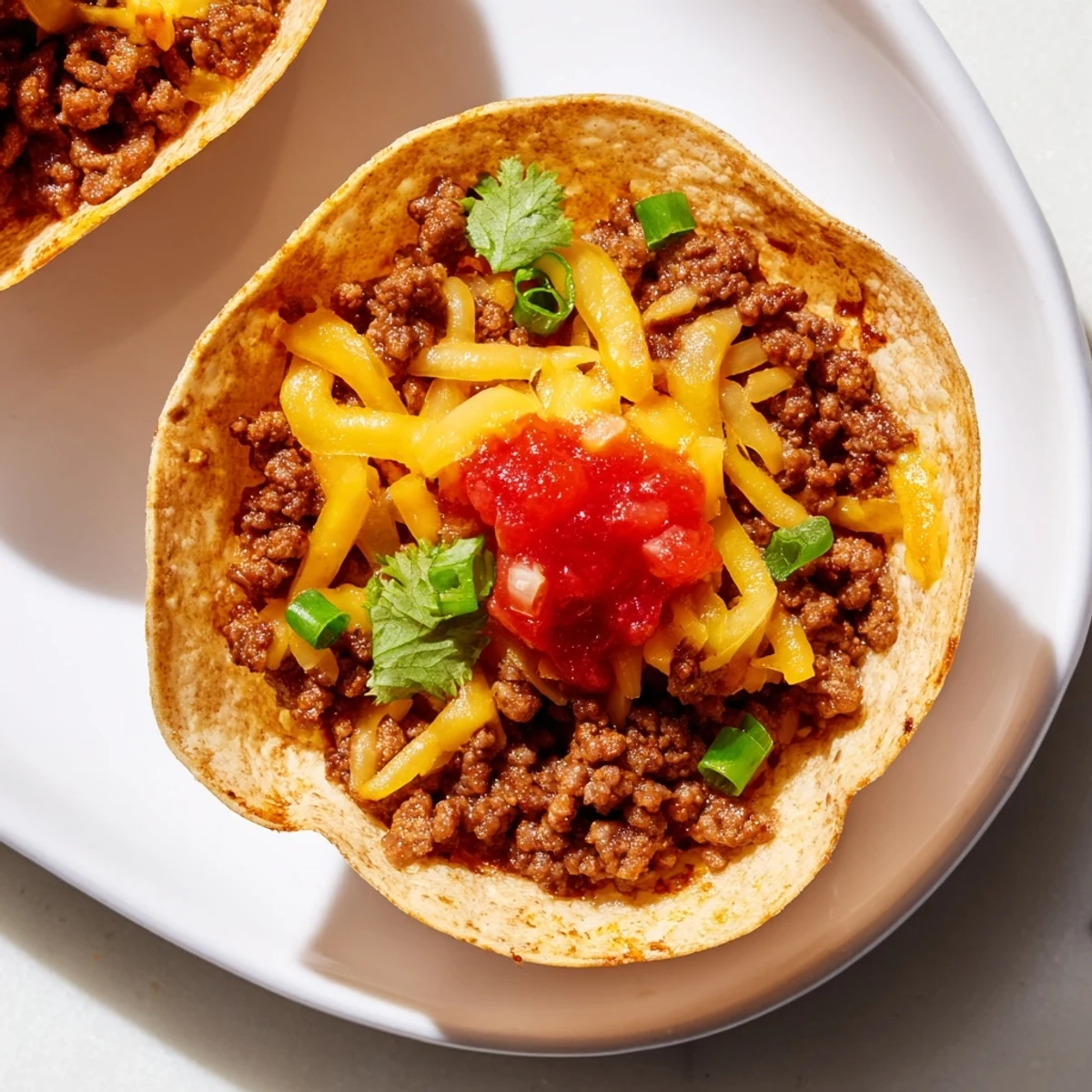 Golden brown Taco Cups with Ground Beef and Cheese sit inside a muffin tin, melted cheese bubbling over crispy tortilla edges.