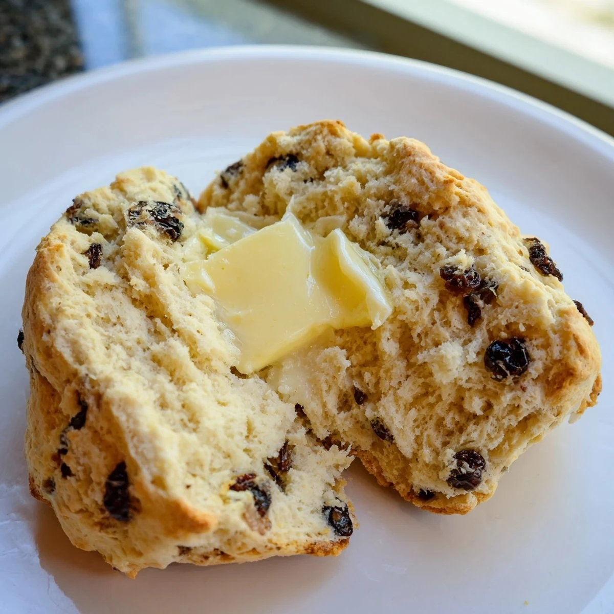 Golden-brown Irish Soda Bread Scones with butter, served warm on a rustic wooden board with a knife.
