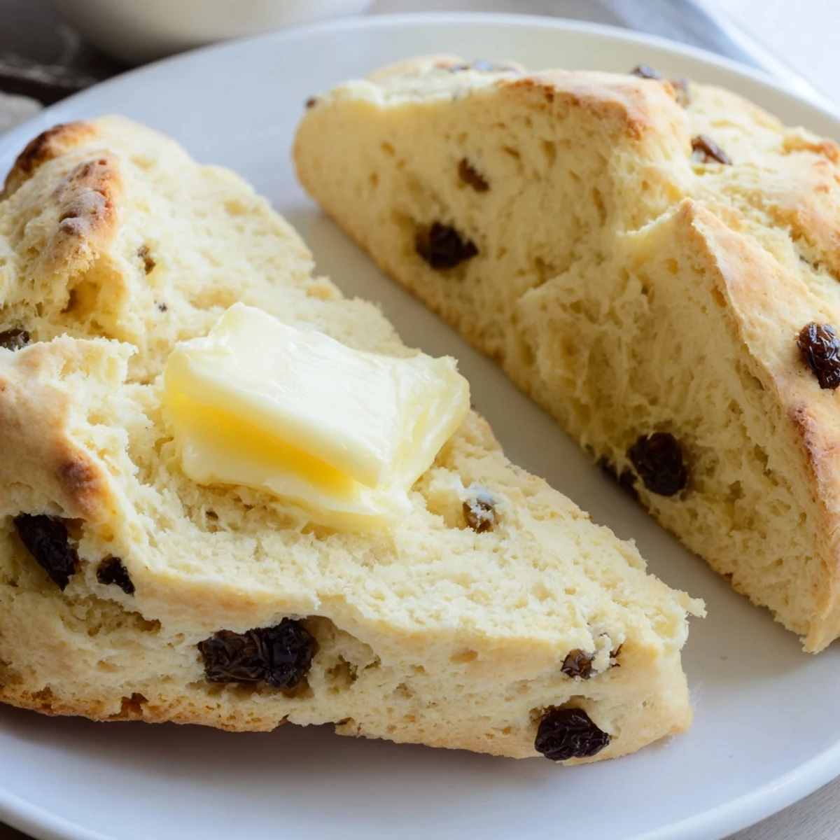 Freshly baked Irish Soda Bread Scones with butter, dusted with flour and ready to enjoy at breakfast.