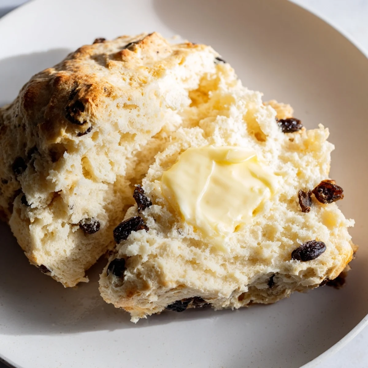 Rustic Irish Soda Bread Scones with butter, featuring a soft crumb and golden crust on a linen napkin.