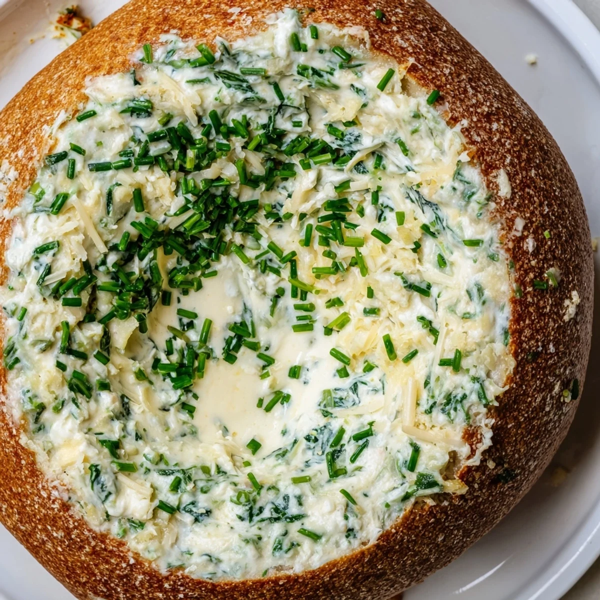 A baked spinach dip in sourdough bread bowl, topped with bubbly cheese and fresh herbs.